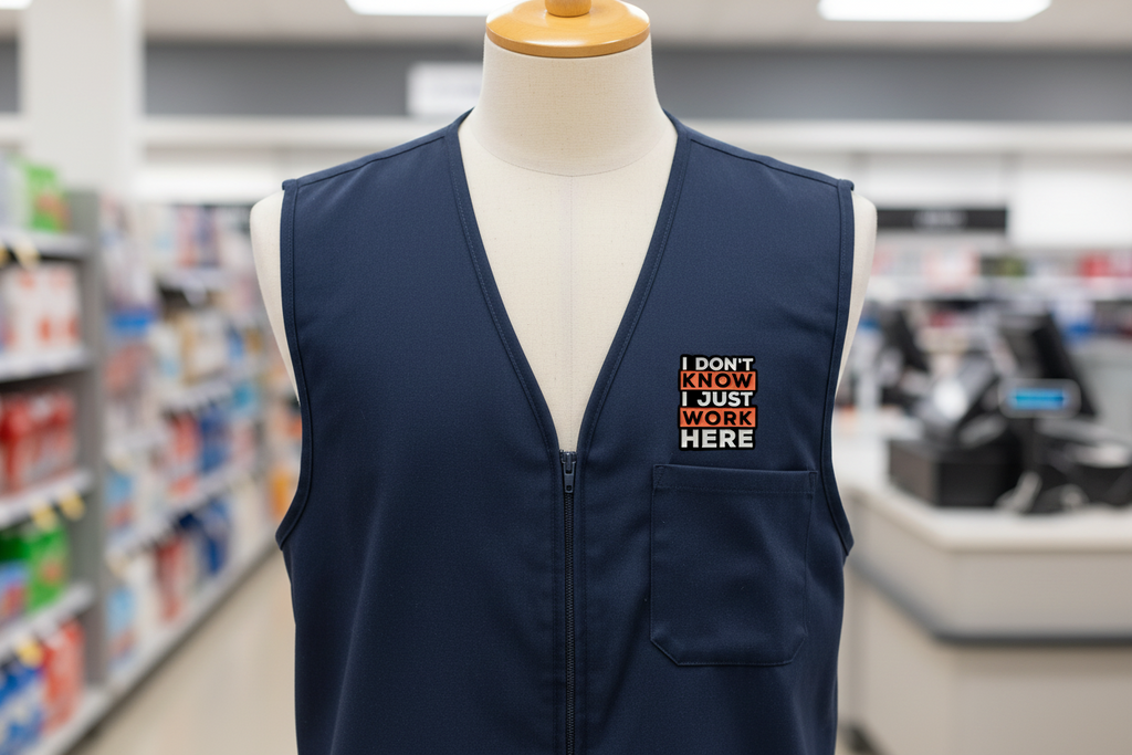 Navy blue vest with a humorous patch on a mannequin in a store setting