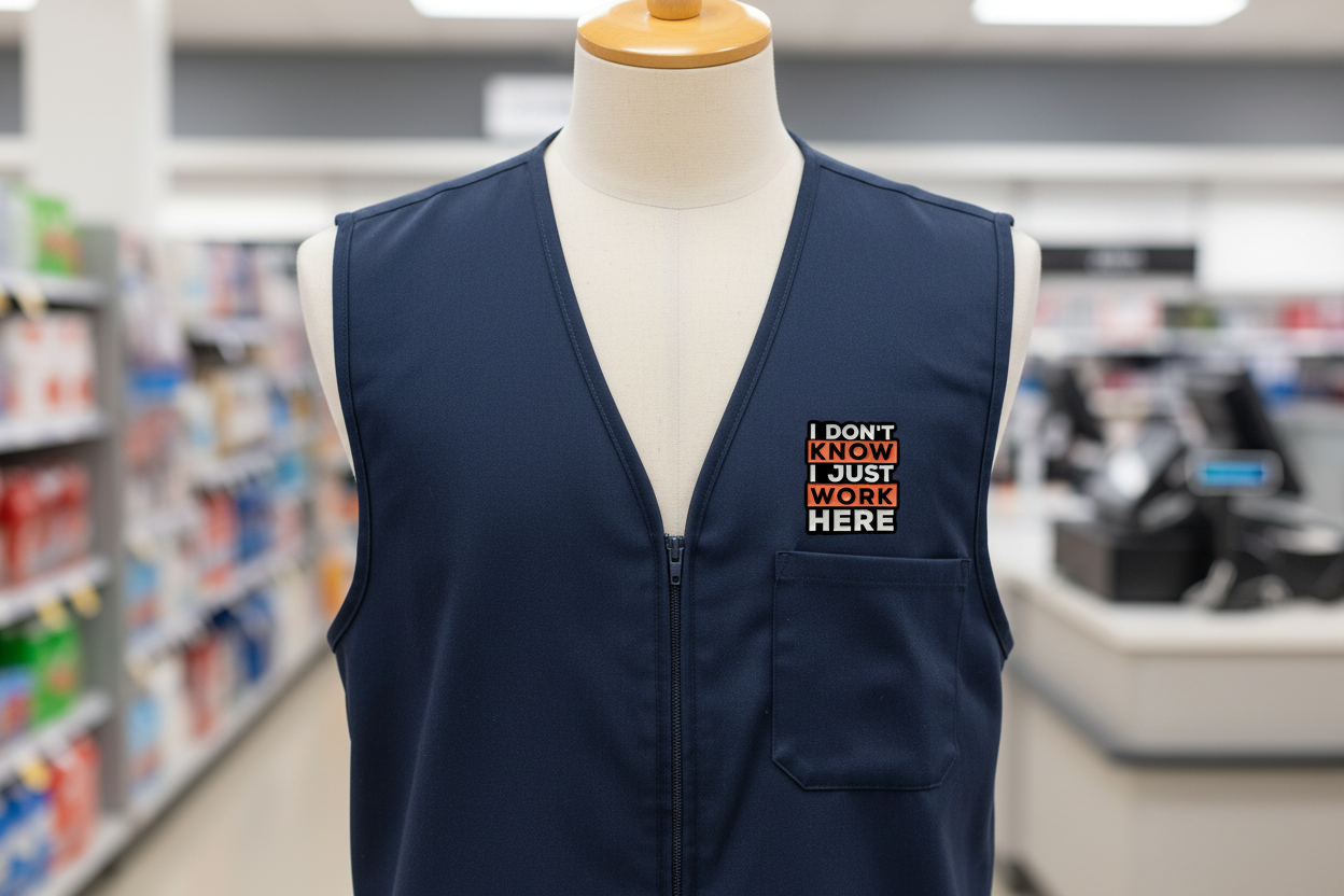Navy blue vest with a humorous patch on a mannequin in a store setting