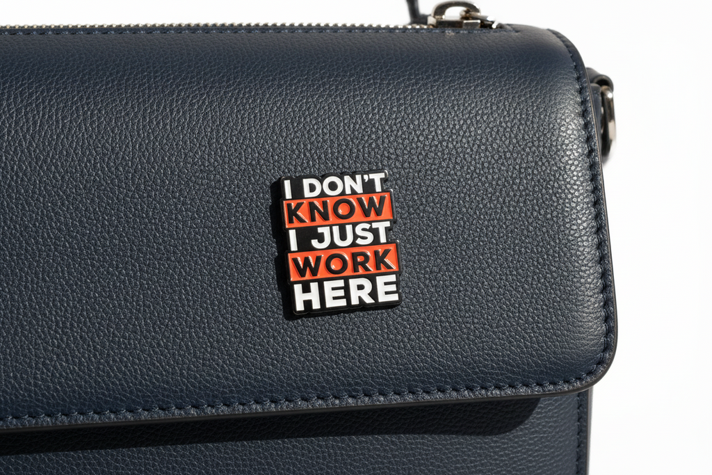 Pin with text 'I DON'T KNOW I JUST WORK HERE' on a blue purse background