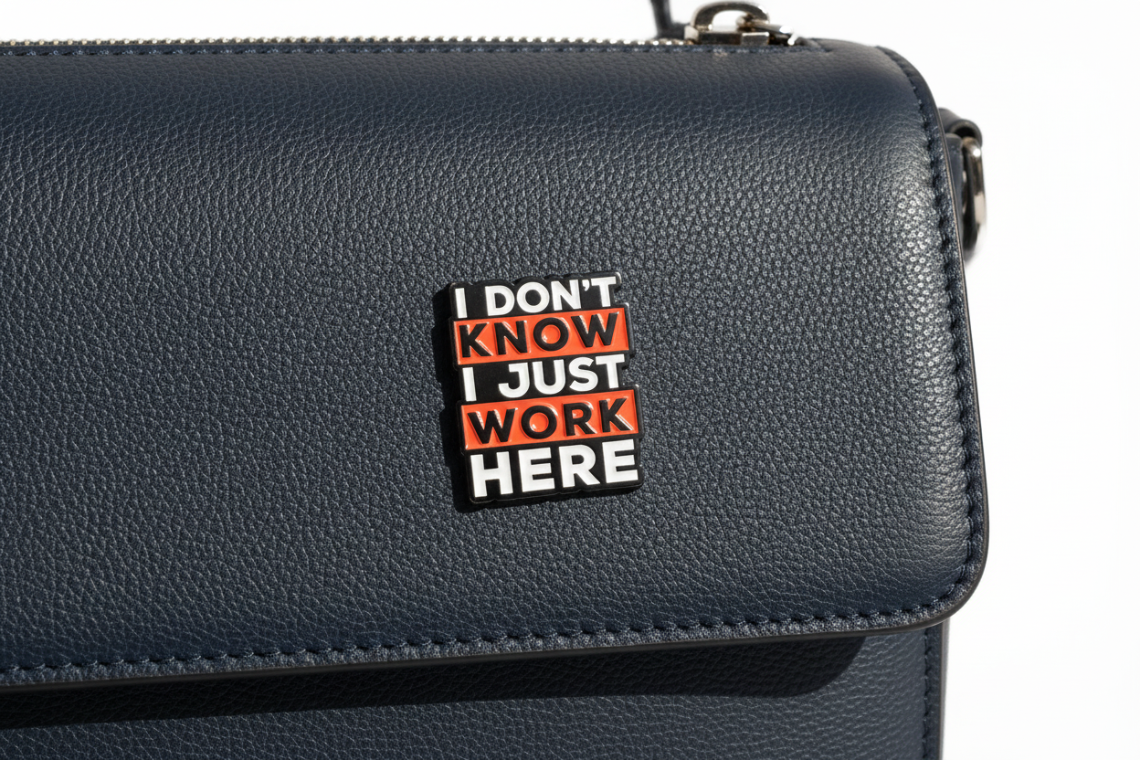Pin with text 'I DON'T KNOW I JUST WORK HERE' on a blue purse background