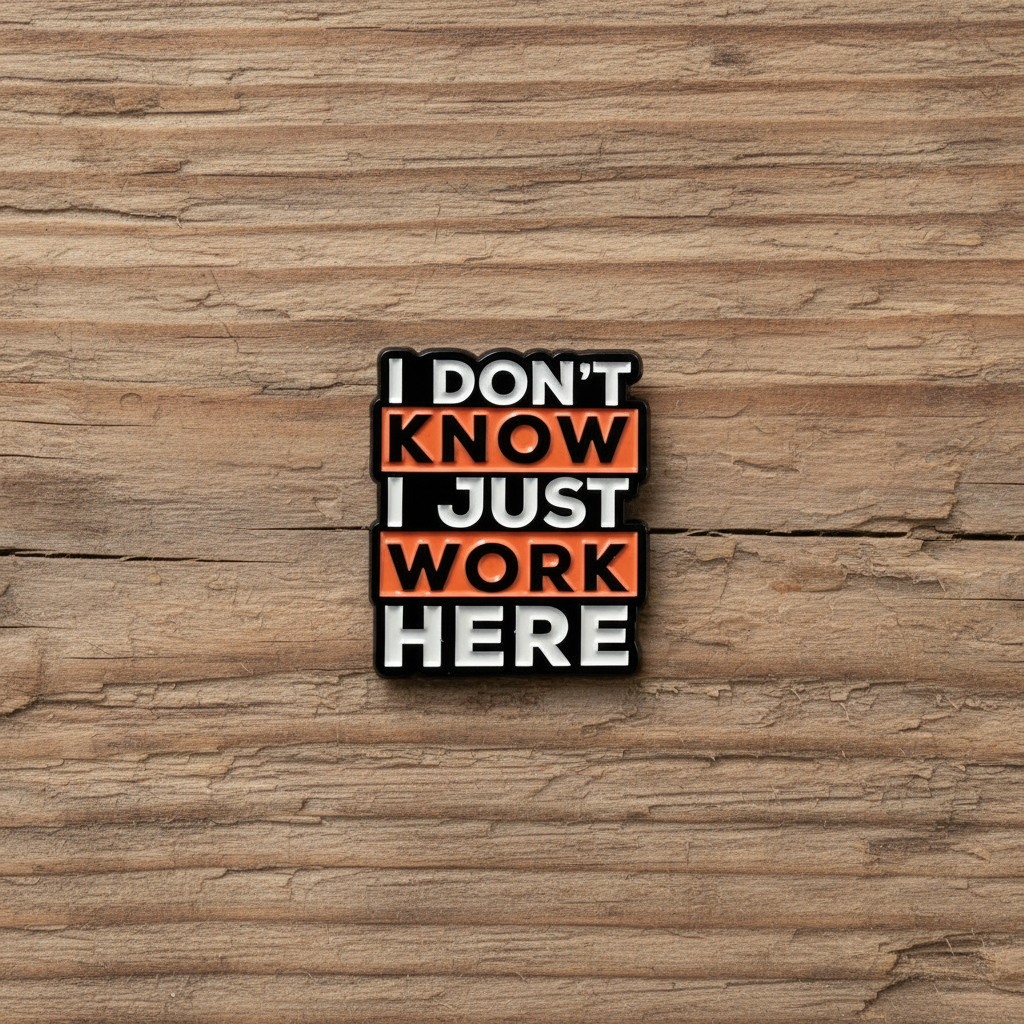 I don't know I just work here enamel pin on wood background sarcastic worke meme enamel pin with text detail