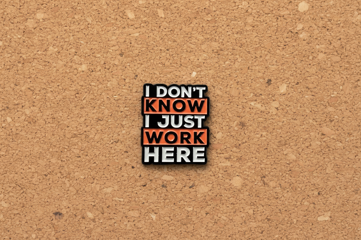 Pin with text 'I DON'T KNOW I JUST WORK HERE' on a cork background