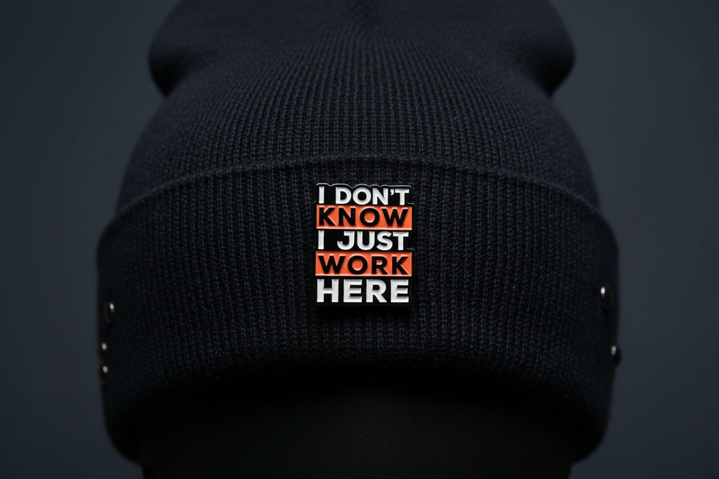 Pin with text 'I DON'T KNOW I JUST WORK HERE' on a black beanie background