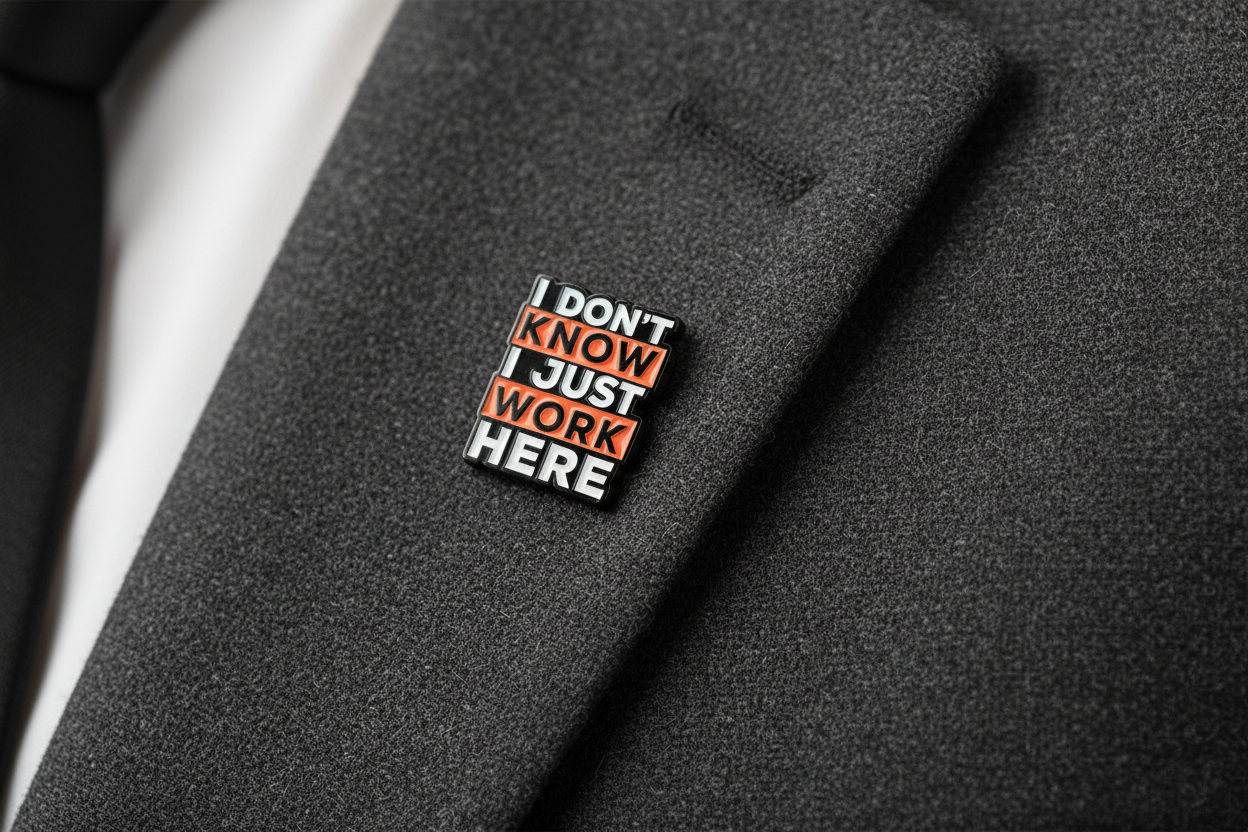 I Just Work Here Enamel Pin – Funny Office Humor Lapel Pin – Sarcastic Coworker Gift