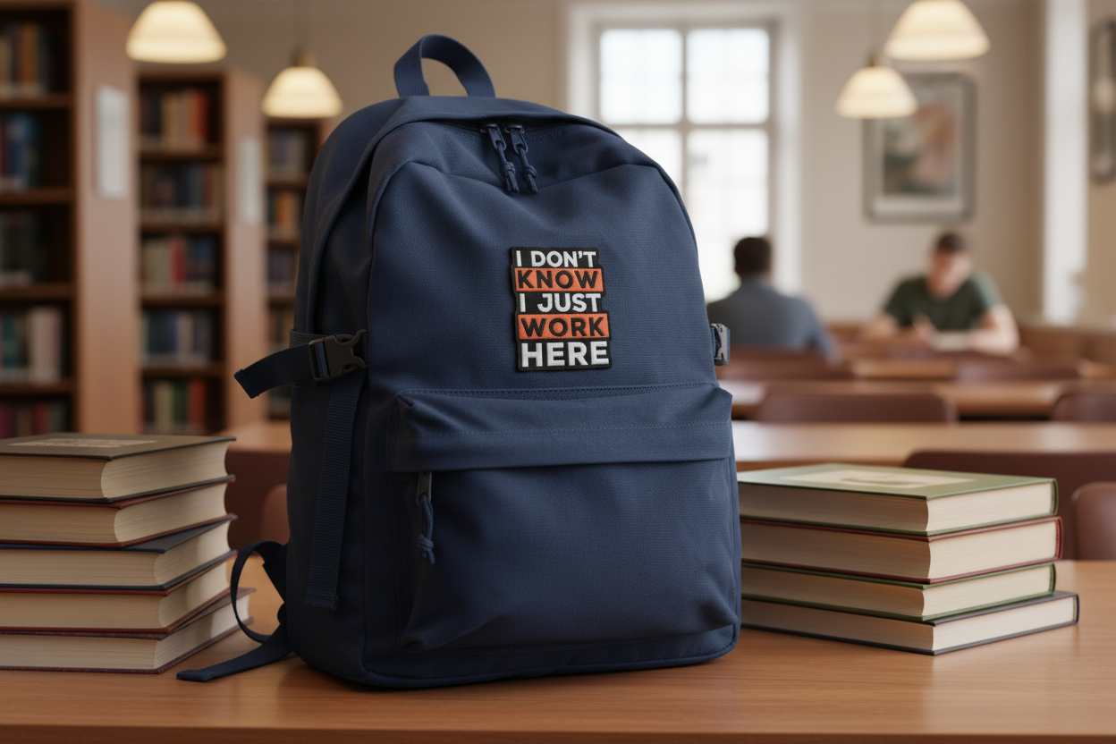 Navy blue backpack with text on a table in a library setting