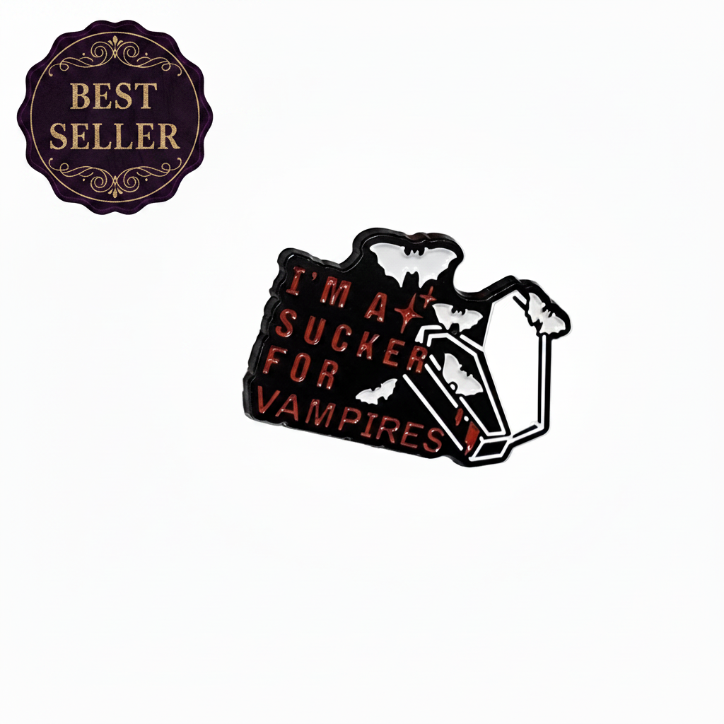 I'm a sucker for vampires enamel pin featuring a coffin with bats, goth gift for bookbags and lapels