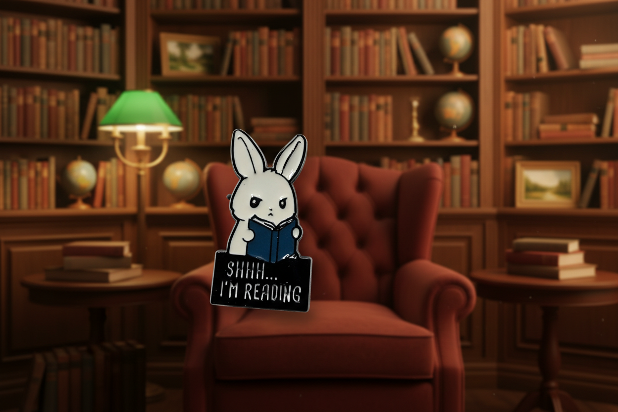 A cute bunny holding a book that says shhh i'm reading on a library background