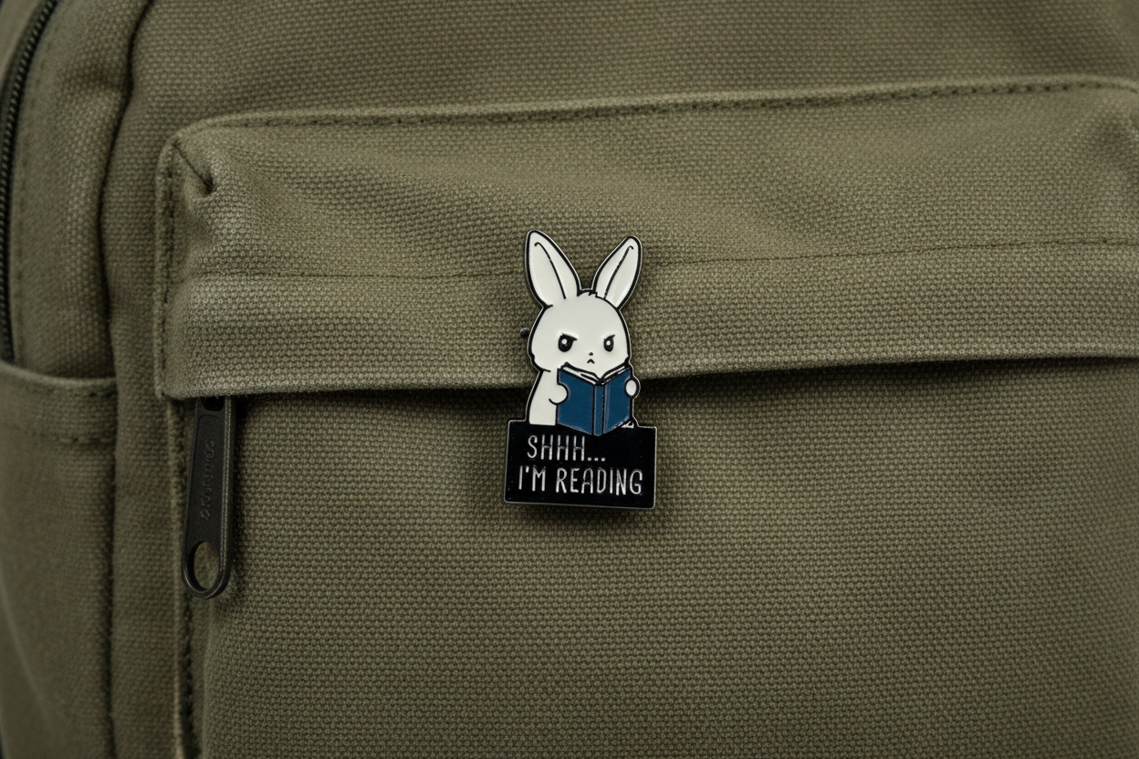 A cute bunny holding a book that says shhh i'm reading on a green fabric background