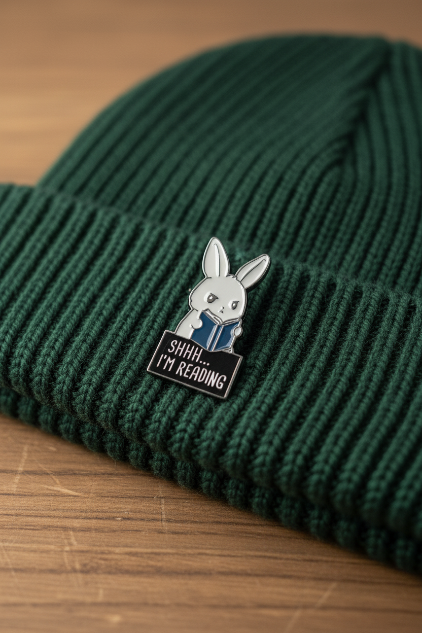 A cute bunny holding a book that says shhh i'm reading on a green fabric background