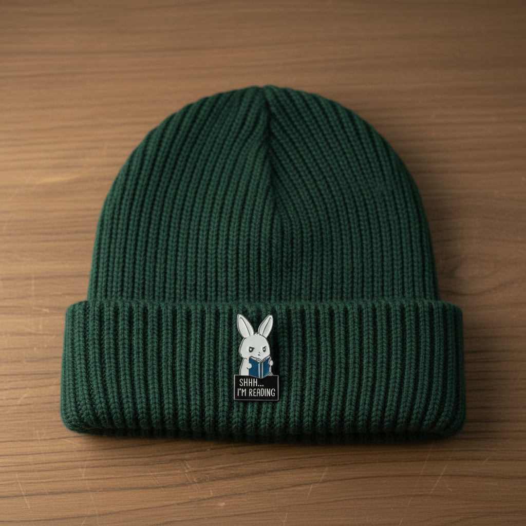 shhh i'm reading enamel pin worn on beanie hat alternative enamel pin for casual outfits and street wear