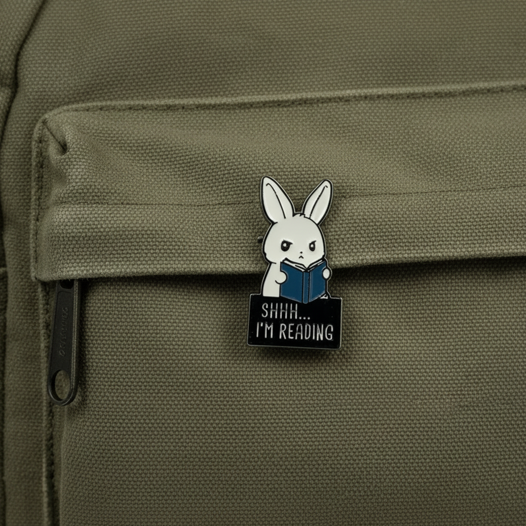 shhh i'm reading enamel pin on backpack cute accessory for customizing bags and school gear