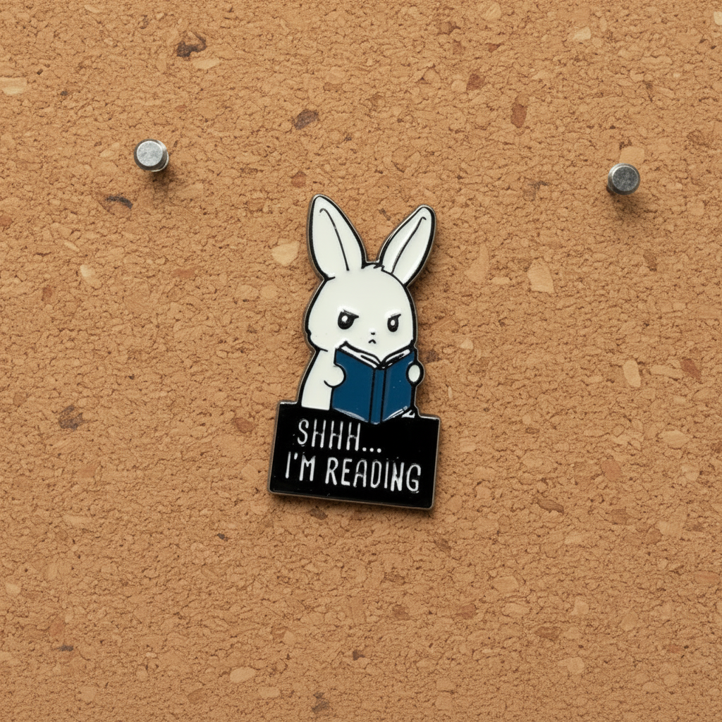 shhh i'm reading enamel pin displayed on cork board booktok enamel pin for collectors and display