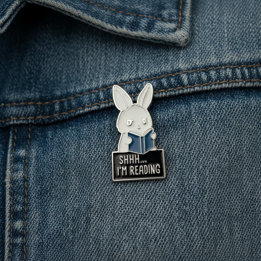 shhh i'm reading enamel pin worn on jacket lapel, animal pin style for everyday wear