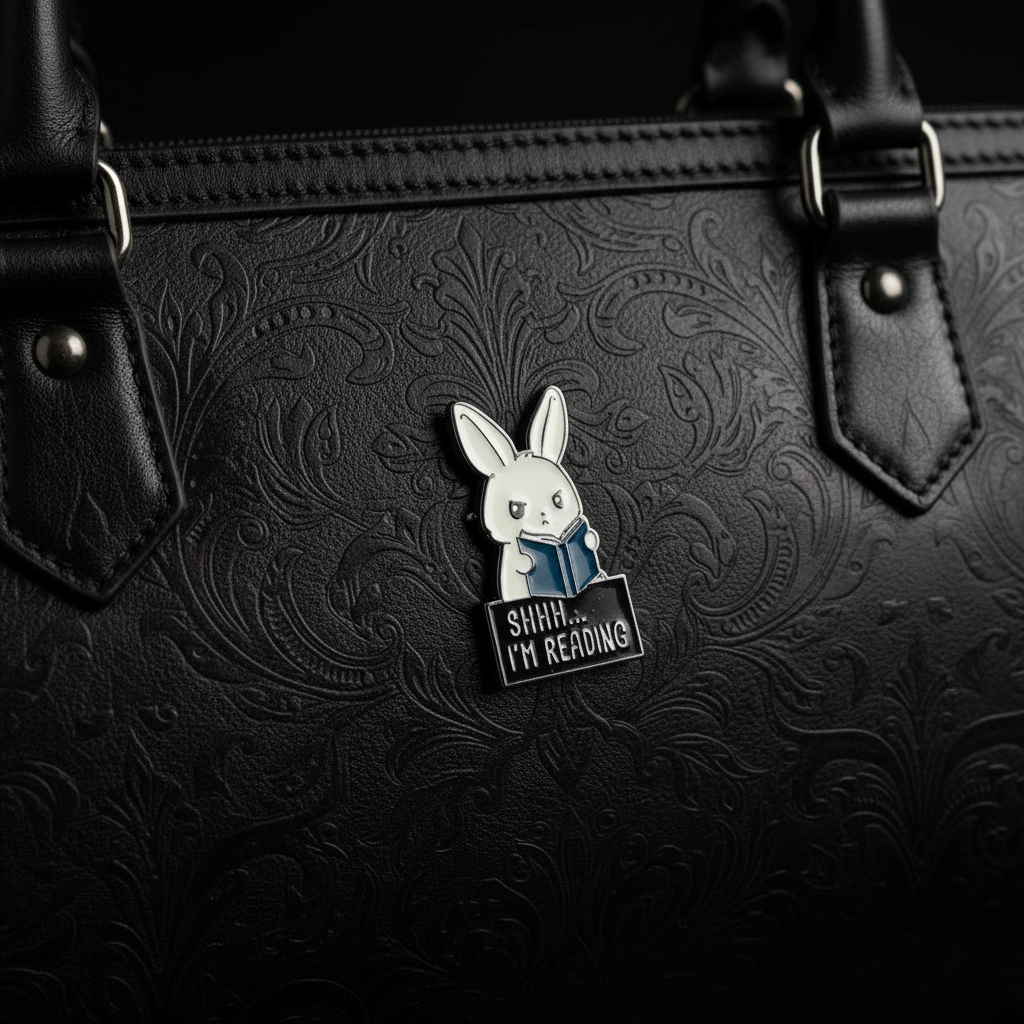 shhh i'm reading enamel pin attached to purse bunny brooch accessory for bags and personal style