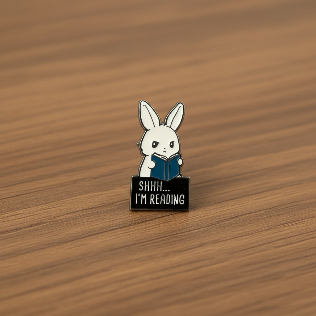 shhh i'm reading enamel pin on wood background book enamel pin with rabbit detail