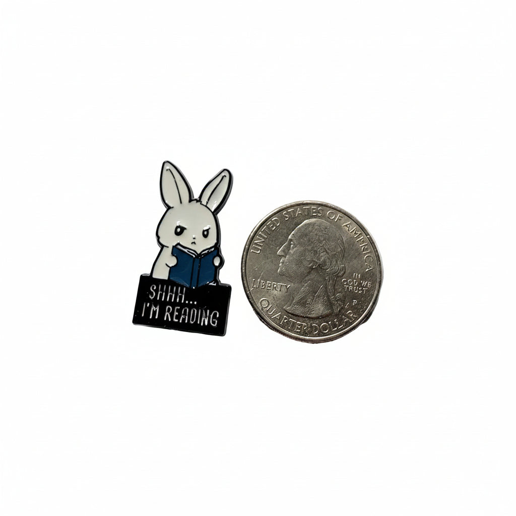 shhh i'm reading enamel pin background shown next to quarter for size reference reading gift enamel pin dims 