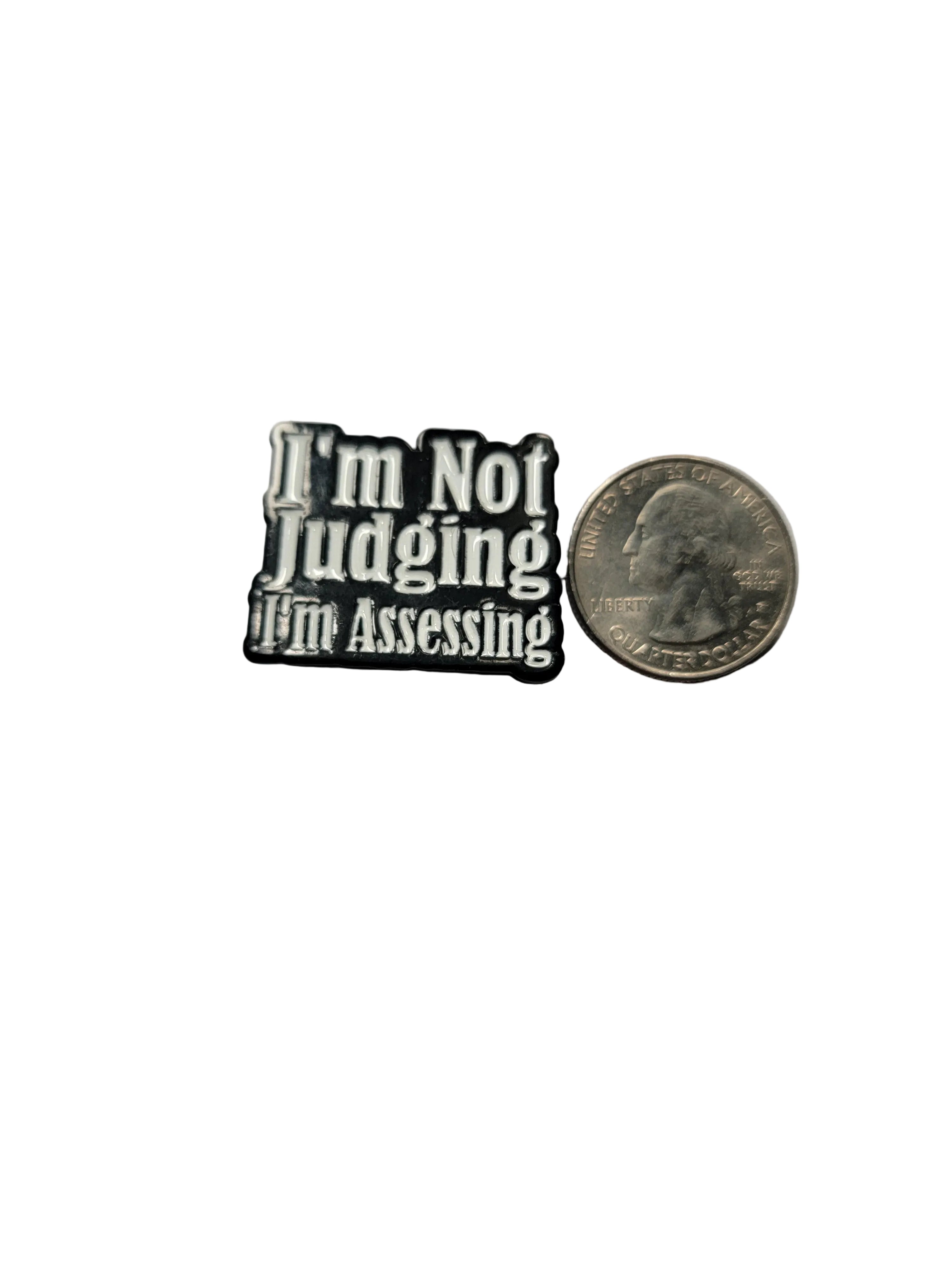 Small metal badge with text 'I'm Not Judging, I'm Assessing' next to a coin on a gray background