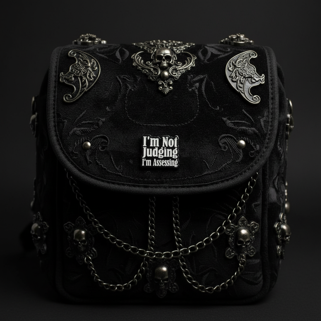 I'm not judging i'm assessing enamel pin on backpack sassy accessory for customizing bags and school gear