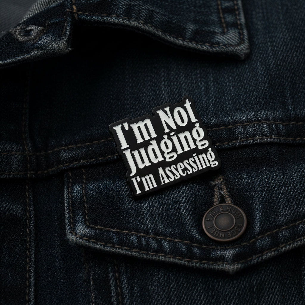 I'm not judging i'm assessing enamel pin worn on jacket lapel, funny pin style for everyday wear