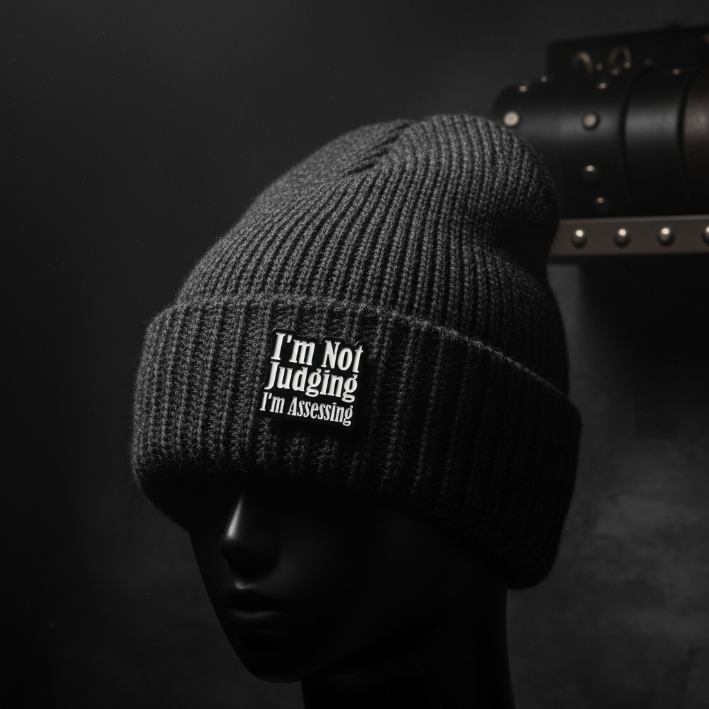 I'm not judging i'm assessing enamel pin worn on beanie hat alternative enamel pin for casual outfits and street wear