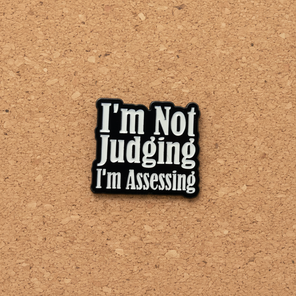 I'm not judging i'm assessing enamel pin displayed on cork board funny enamel pin for collectors and display
