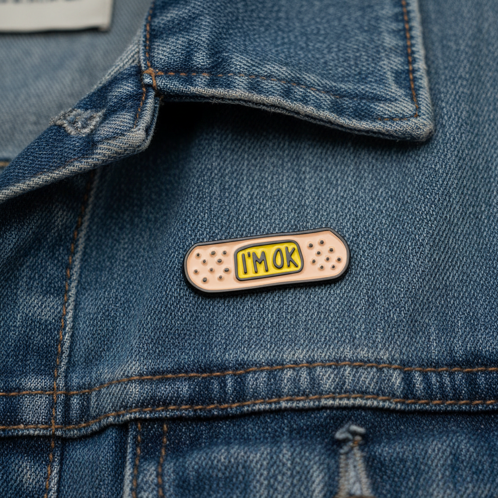 I'm Okay enamel pin worn on denim jacket lapel, sarcastic pin style for everyday wear
