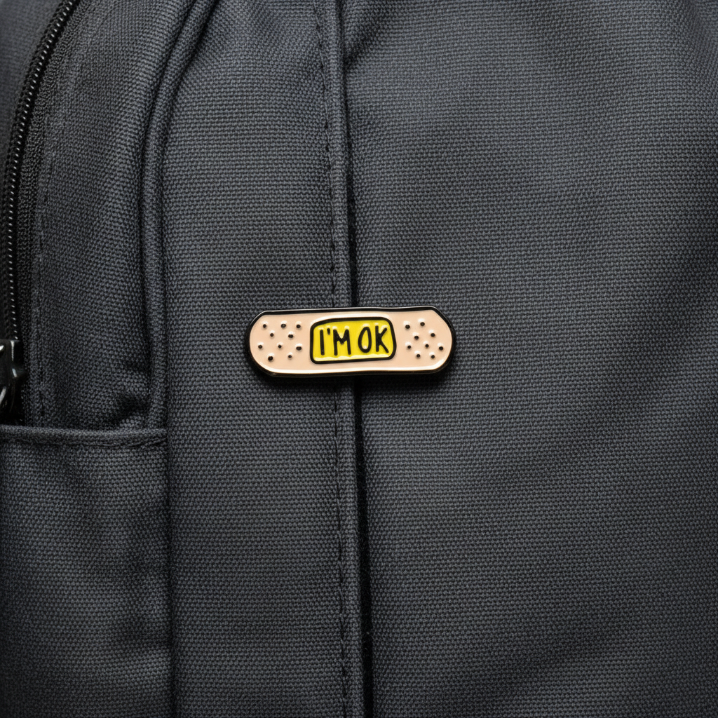 I'm Okay enamel pin on backpack funny accessory for customizing bags and school gear