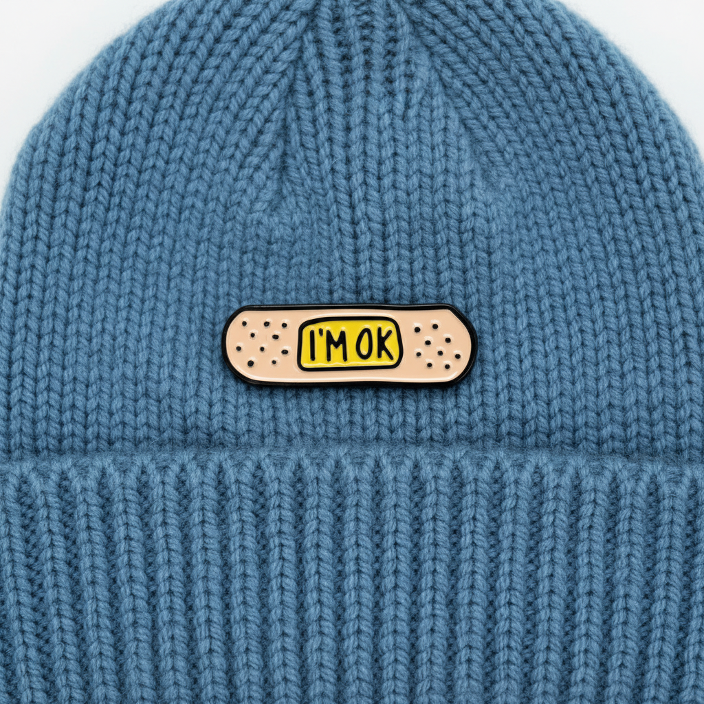 I'm Okay enamel pin worn on beanie hat sarcastic enamel pin for casual outfits and street wear