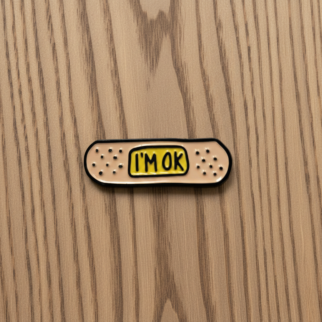 I'm Okay enamel pin on wood background gen z enamel pin with bandaid detail