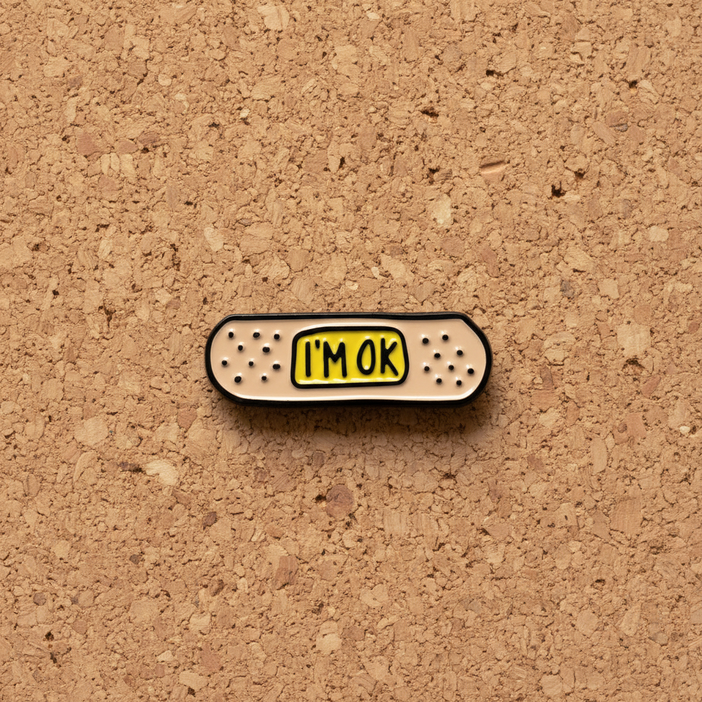 I'm Okay enamel pin displayed on cork board millenial enamel pin for collectors and display