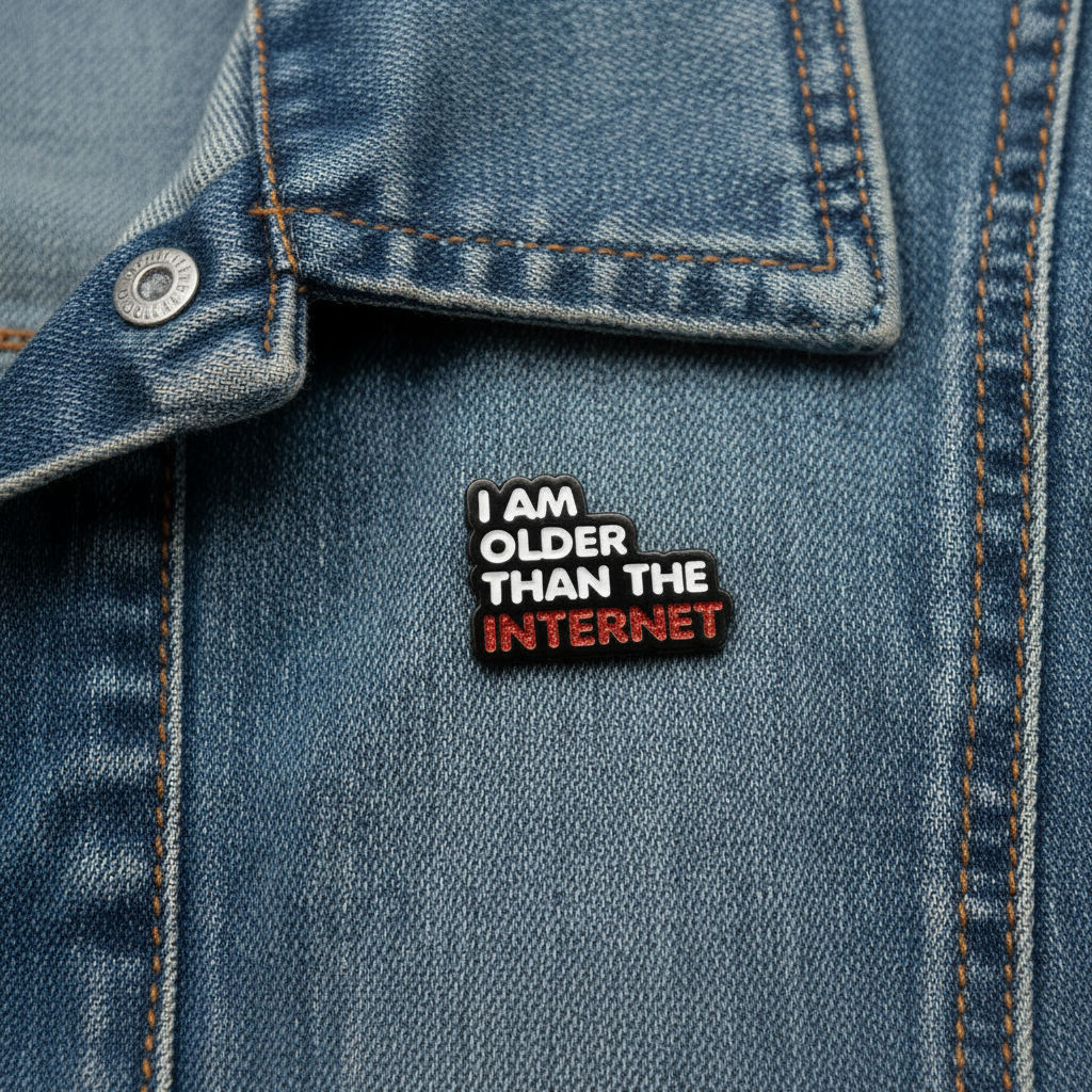I am older than the internet enamel pin worn on denim jacket lapel, funny pin style for everyday wear
