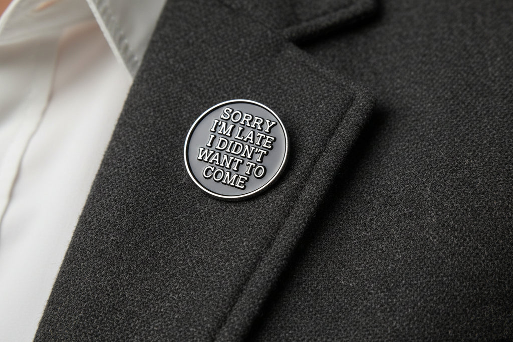 Round black metal badge with silver text on a lapel