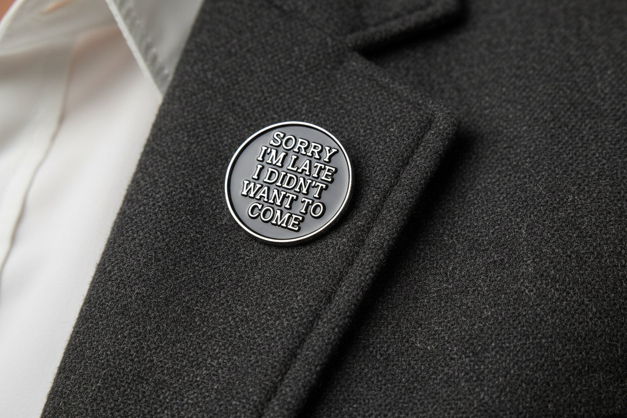 Round black metal badge with silver text on a lapel