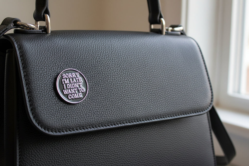 Round black metal badge with silver text on a black purse