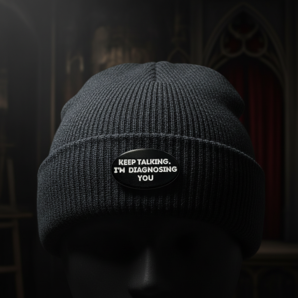 Keep talking. I'm diagnosing you enamel pin worn on beanie hat alternative style enamel pin for casual outfits and street wear