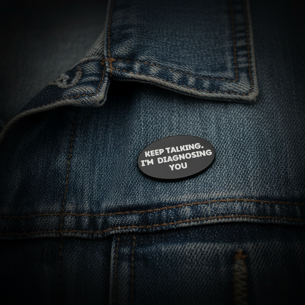 Keep talking. I'm diagnosing you enamel pin worn on jacket lapel, sassy pin style for everyday wear