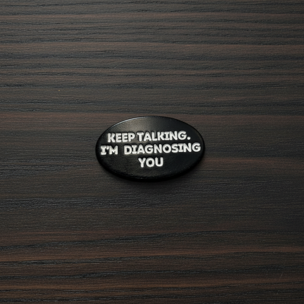 Keep talking. I'm diagnosing you enamel pin on wood background funny enamel pin with black and white oval shape detail