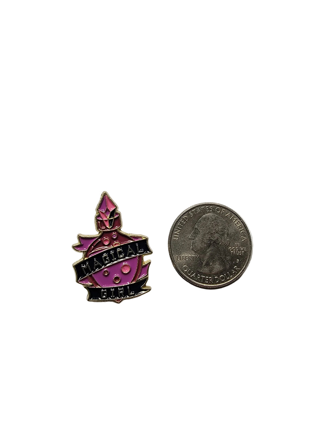magical girl enamel pin shown next to quarter for size reference witch enamel pin dims 1 in W X 1 1/8 in H