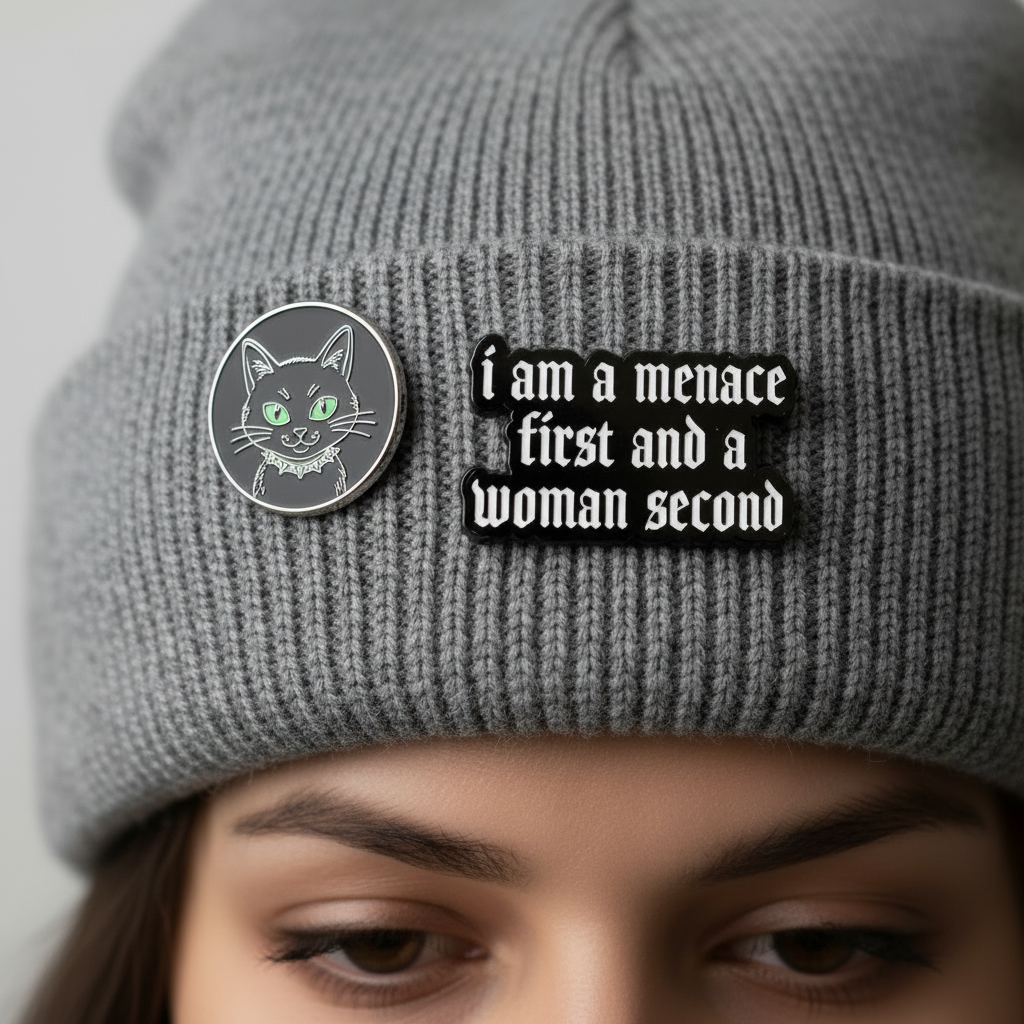I am a menace first enamel pin worn on beanie hat a;ternative enamel pin for casual outfits and street wear