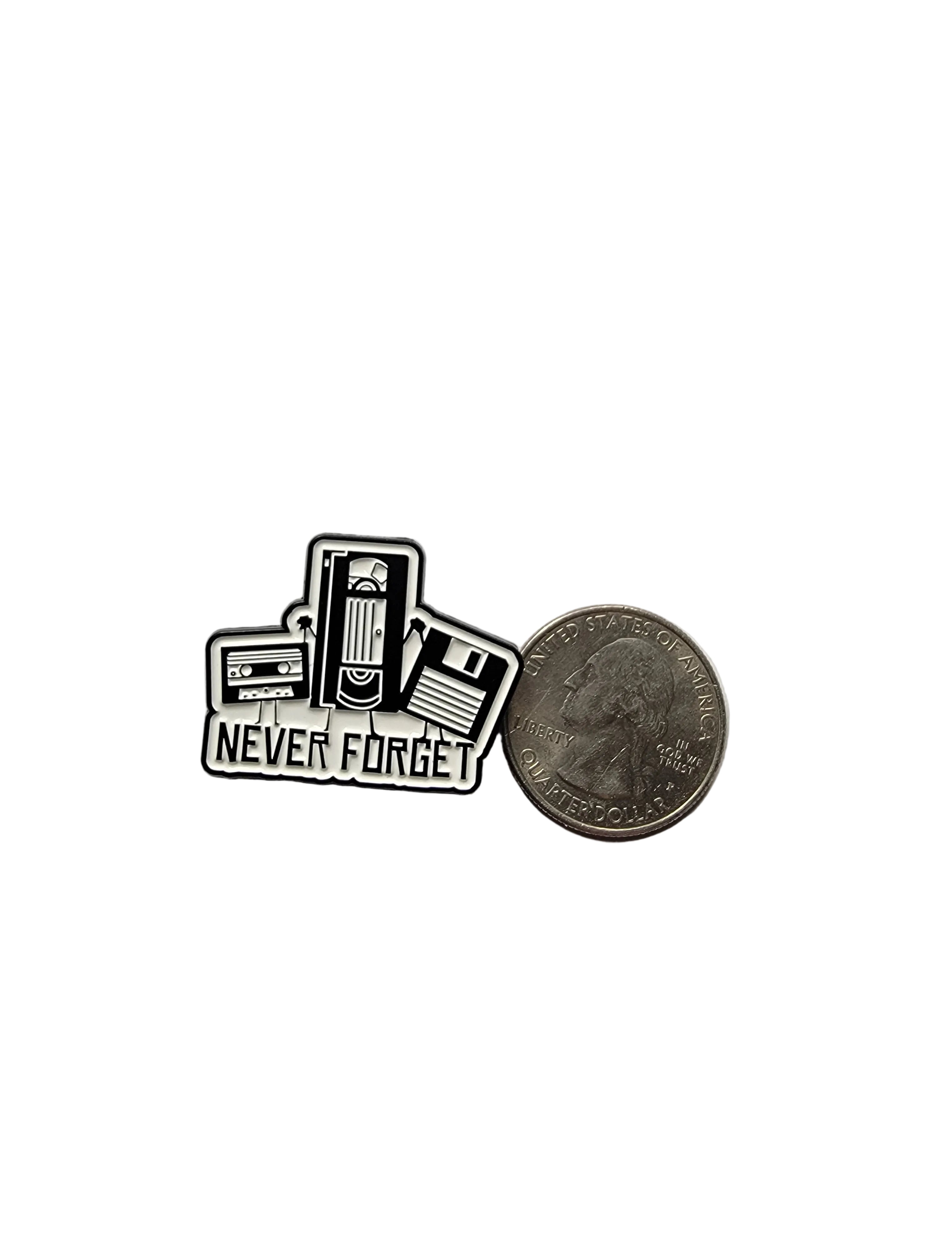 Pin with 'Never Forget' text on a gray background