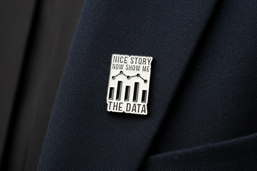 Metallic badge with text 'Nice story, now show me the data' on a navy background