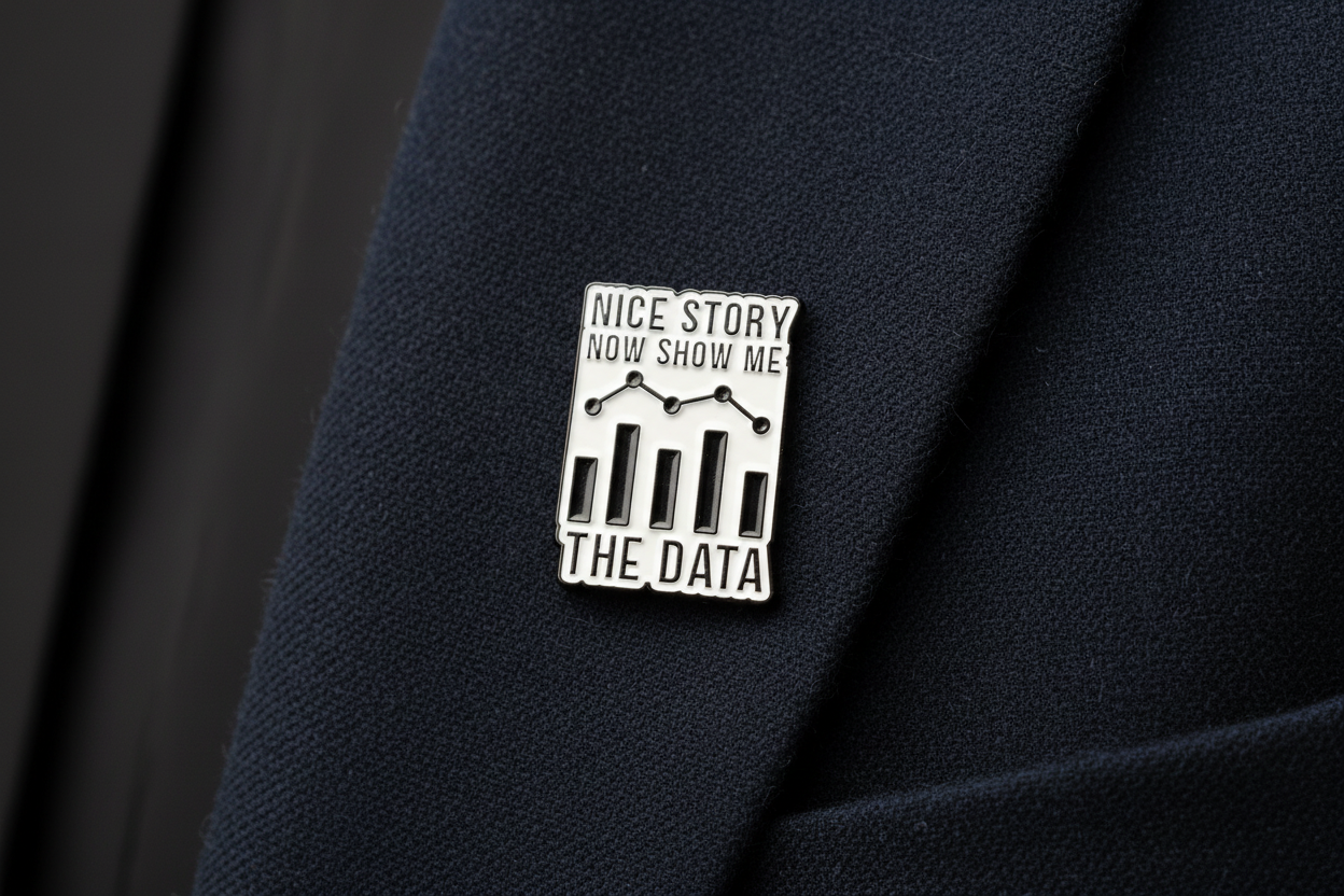 Metallic badge with text 'Nice story, now show me the data' on a navy background