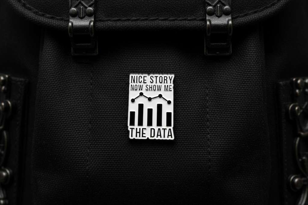 Metallic badge with text 'Nice story, now show me the data' on a black fabric background