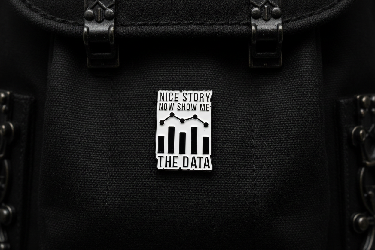 Metallic badge with text 'Nice story, now show me the data' on a black fabric background