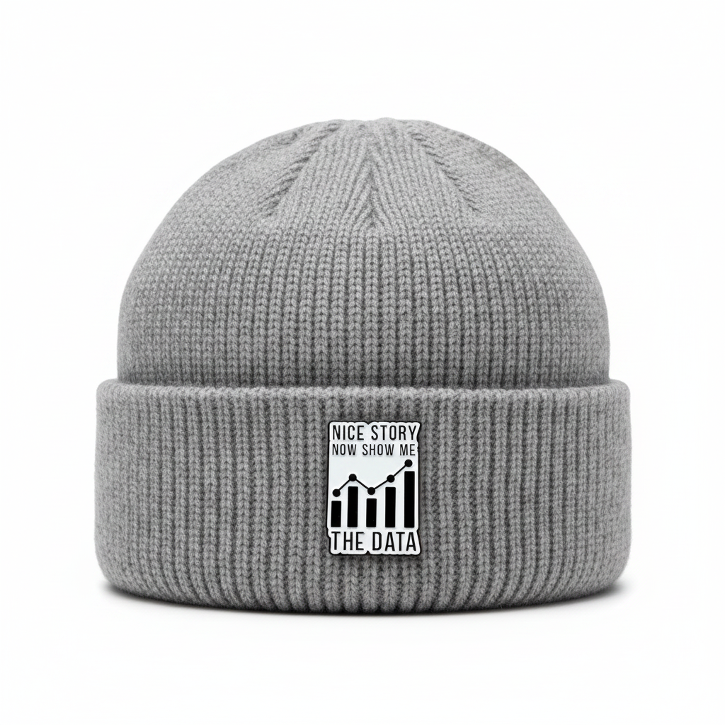 Nice story now show me the data enamel pin worn on beanie hat coworker enamel pin for casual outfits and street wear