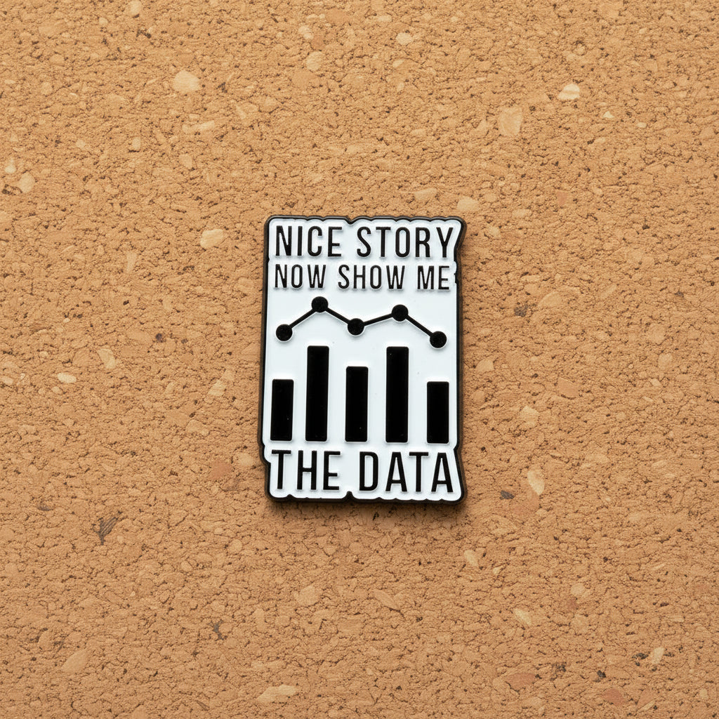 Nice story now show me the data enamel pin displayed on cork board sarcastic enamel pin for collectors and display