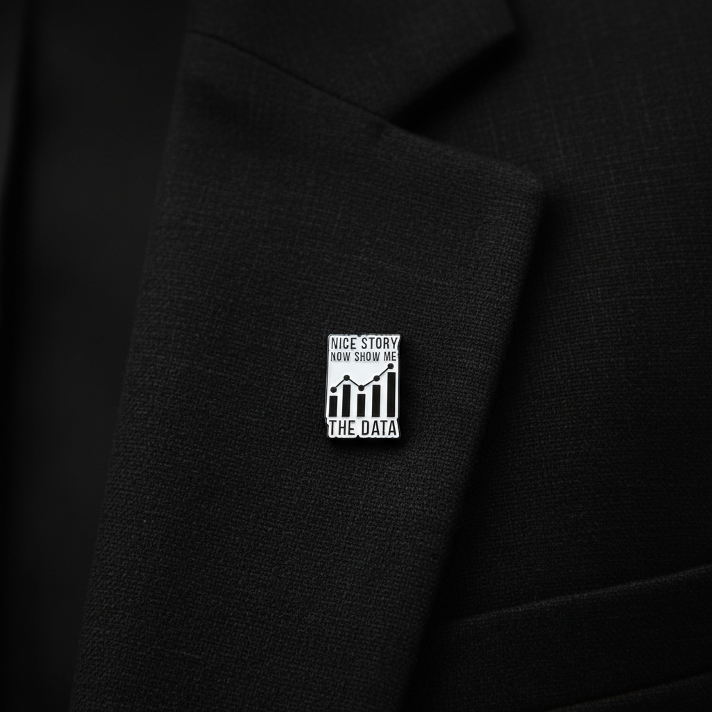 Nice story now show me the data enamel pin worn on jacket lapel, sassy pin style for everyday wear