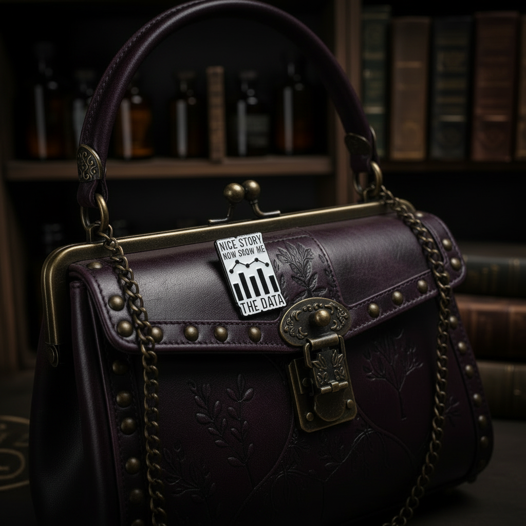Nice story now show me the data enamel pin attached to purse funny brooch accessory for bags and personal style