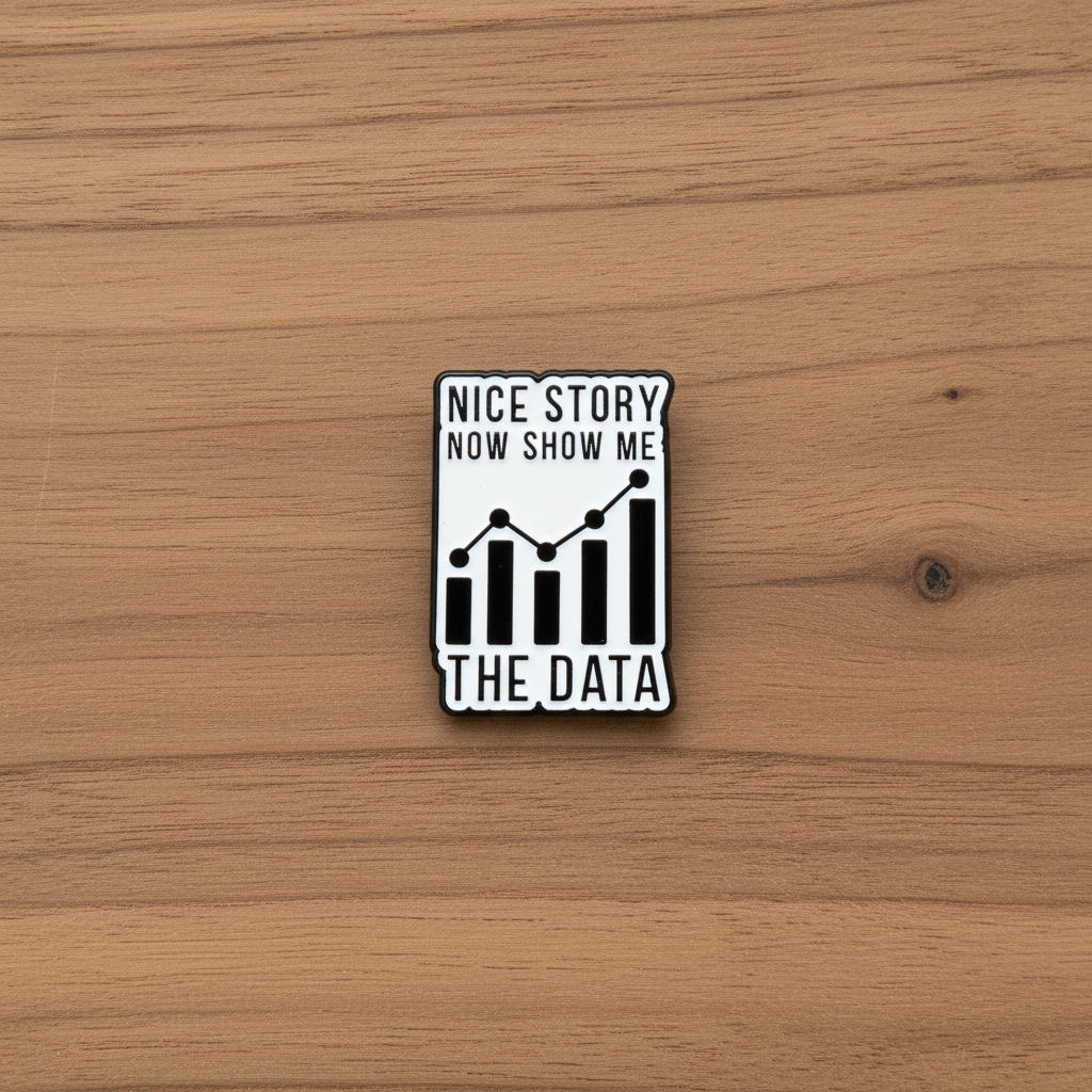 Nice story now show me the data enamel pin on wood background sassy enamel pin with chart detail