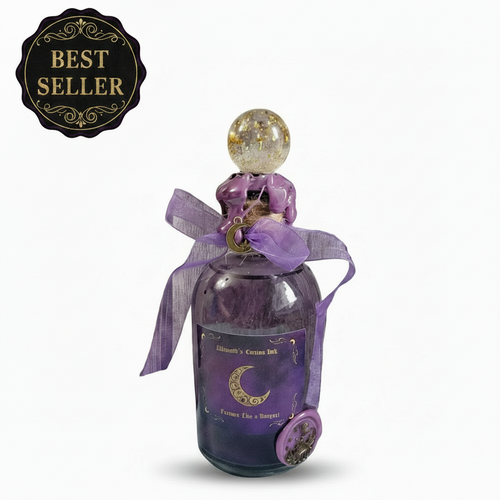 Handmade ACOTAR potion bottle with purple liquid, wax seal, and gothic apothecary label on white background